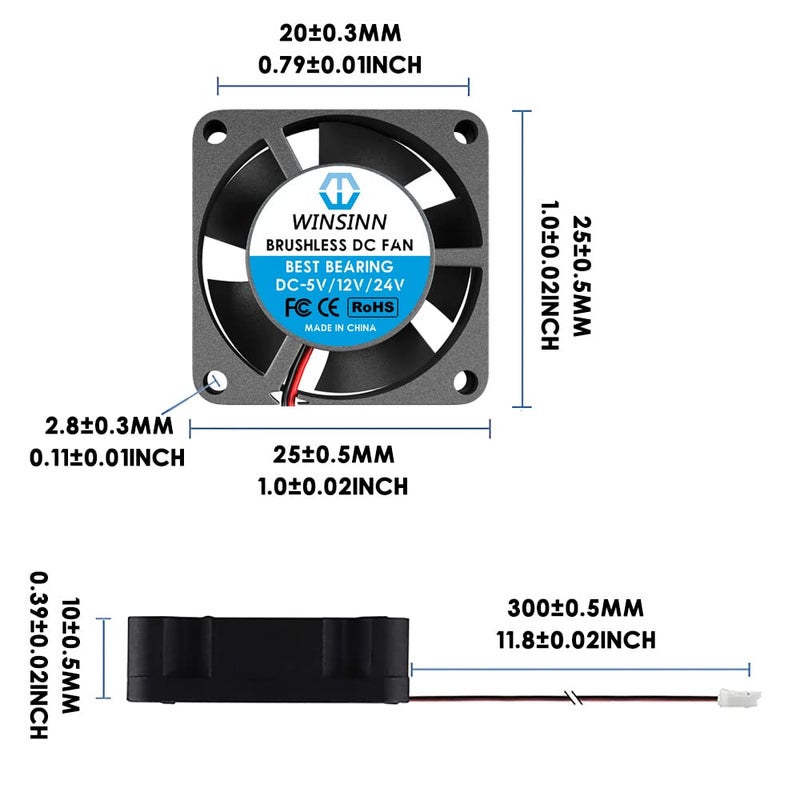 WINSINN DC 25mm Fan 24V 2510 Hydraulic Bearing Brushless Cooling 25mmx10mm 2PIN (Pack of 5Pcs) - Image 2